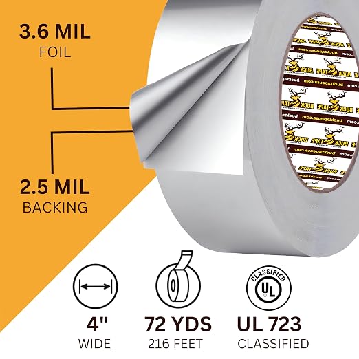 Buck Aluminum Foil Tape – 4 Inch x 216ft (72 yd), 3.6 Mil – HVAC Tape for Ductwork, AC, Dryer Vents & Insulation – Silver Foil Tape for Metal Repair, Exhaust Sealing & Air Conditioning (1 Pack)