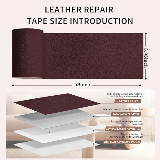 Self Adhesive Leather Repair Patch, 4 x 60 inch Leather Repair Tape, Leather Patches for Furniture, Car Seat,Vinyl Leather Repair Kit for Office Chairs, Couch, Sofa, Luggage (Brown)