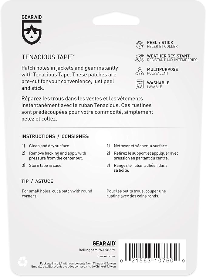 GEAR AID Tenacious Tape Mini Patches with Peel-and-Stick Adhesive to Fix Holes and Tears in Winter Gear, Down Puffer Jackets, Sleeping Bags, Tents, and Rain Gear, Black, 2 Pack