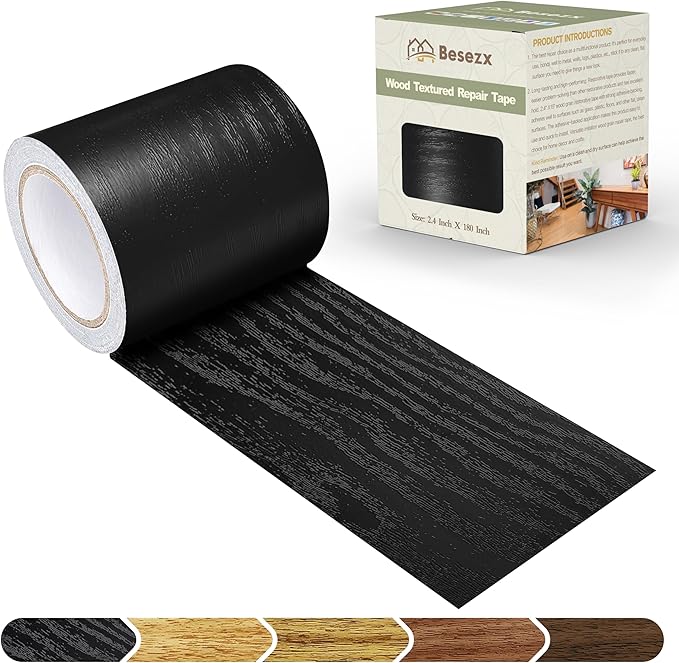 Besezx Wood Grain Tape, 2.4" X15', Self Adhesive Wood Grain Repair Patch for Tables, Chairs, DIY,Baseboards, Doors, Windows, Floors and Furniture Renovation.（Black）