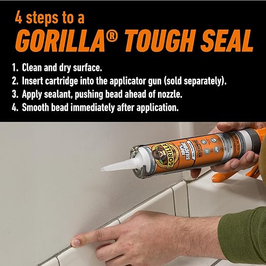 Gorilla 100% Silicone Waterproof Caulk, All‑Purpose Sealant, Mold & Mildew Resistant, Flexible Seal, Clear, 10 oz Cartridge (Pack of 1)