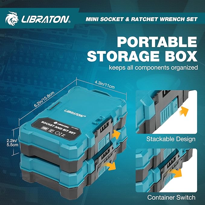 LIBRATON 1/4" Drive Mini Socket & Ratchet Wrench Set with Bits, 4-13mm Shallow Sockets, Magnetic Driver Handle, Extension Bars & Universal Joint, with Storage Case for DIY, Auto Repair