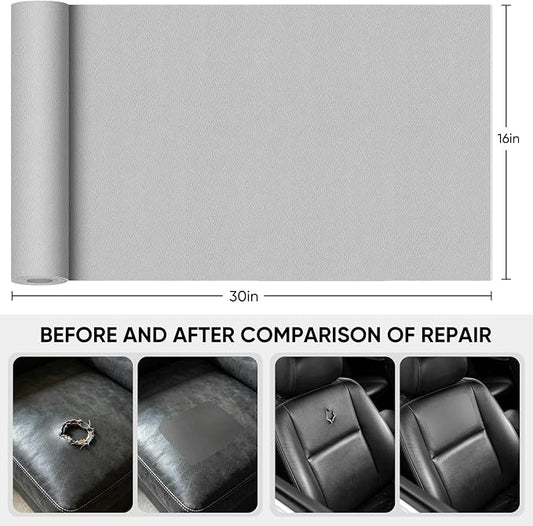 Leather Repair Tape,16 x 30 Inches Self Adhesive Leather Repair Patch，Leather Repair Kit for Furniture，Couches,Car Seats,Cabinets,Handbags(Fine-Grain Light Gray)