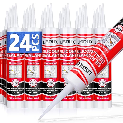 LISRUX Advanced Clear Silicone Caulk for Kitchen & Bathroom,10 fl oz Cartridge,24 Pack,100% Waterproof RTV Silicone Sealant,Stronger Adhesion,Shrink & Crack Proof