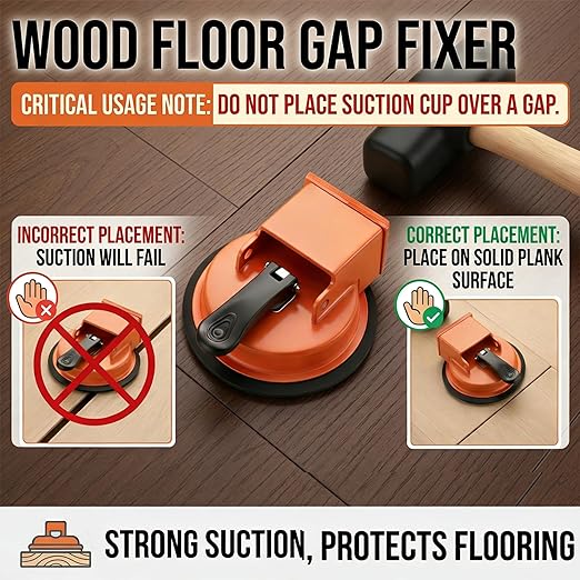 Floor Gap Fixer Tool with Vacuum Suction Cup, Heavy Duty Gap Repair Tool with 4 Reusable Sticky Pads for Laminate, Hardwood, Tile & PVC Floors (Orange)