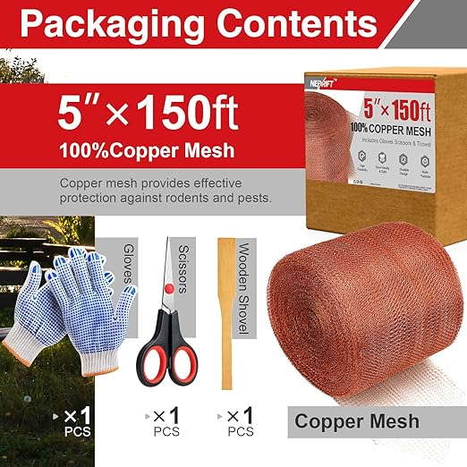 5 Inch×150 ft Copper Mesh Rodent Control Kit, 100% Pure Copper Roll for Professional Pest Barrier and Hole Blocking, Ideal for Large Garden and Extensive Home Sealing, with Scissors, Gloves, Trowel