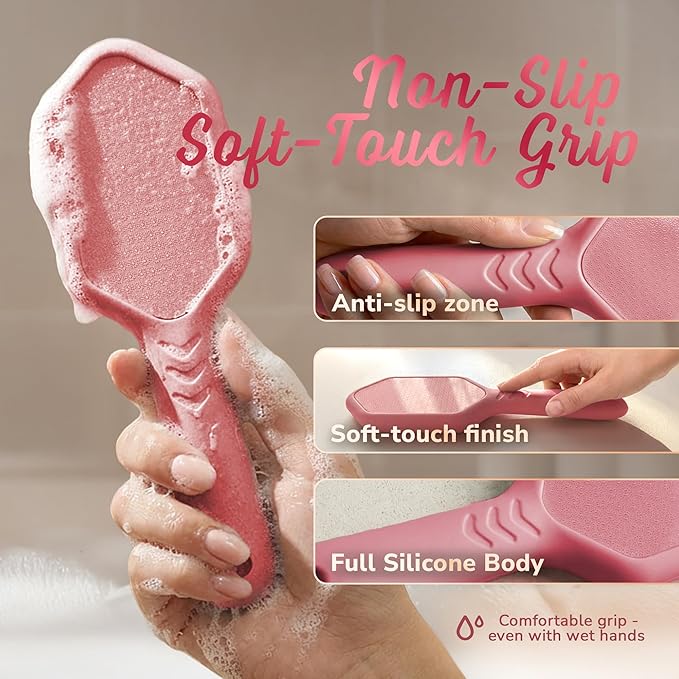 SILKLE Nano Glass Foot File - Silicone Foot Callus Remover for Feet and Cracked Heels - Heel Scraper for Dead Skin - Ergonomic Foot Scrubber & Exfoliator for Shower with Non-Slip Grip - Pink