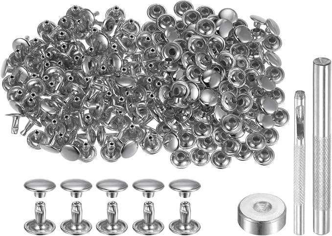 HARFINGTON 100 Sets Leather Rivets 8 x 9mm Metal Double Cap Rivet Snaps Studs Fasteners with 3pcs Setting Tools Rivets for Leather Craft DIY Repair Decoration, Silver Tone
