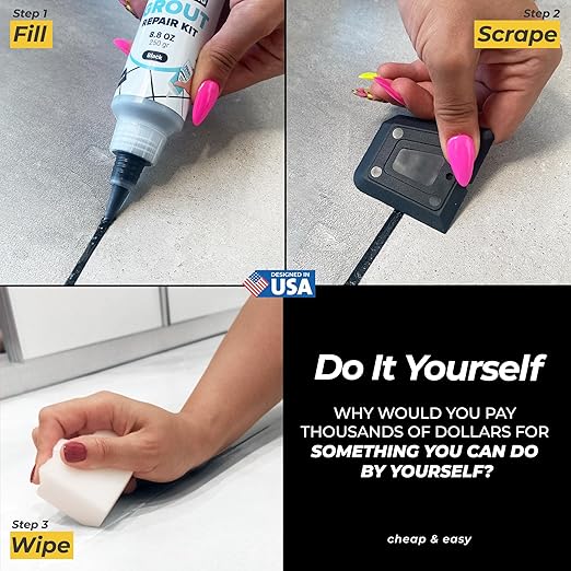 PentaUSA Tile Grout Repair Kit - Black Premixed Acrylic Sanded Grout Filler for Bathroom, Shower, and Kitchen Tile Repair, Water-Resistant Tube with Applicator, Fills Cracks and Gaps, (8.8oz / 250g)