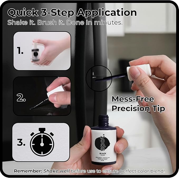 spot. High-Gloss Black Touch Up Paint – Porcelain and Appliance Repair for Chips, Stains, Scratches, and Cracks on Fridges, Microwaves, Dishwashers, Dryers, Tiles, and Metal Surfaces – 1 fl oz