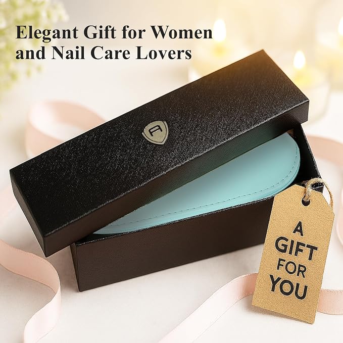 Alban Czech Glass Nail File Set with Manicure Stick & Vegan Leather Cosmetic Case (Green-Blue Nail Files, Light Blue Manicure Stick & Cosmetic Case)
