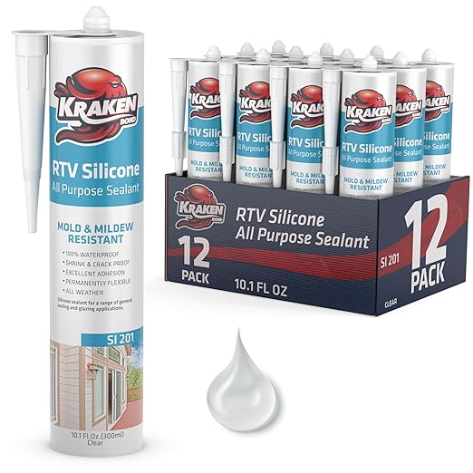 Kraken Bond Clear Silicone Sealant Waterproof% 100-10 fl oz Cartridge - RTV Silicone Caulk Kitchen and Bathroom, All Purpose, Window Caulking Sealant Outdoor, RV, Exterior Use Silicon - 12 Pack