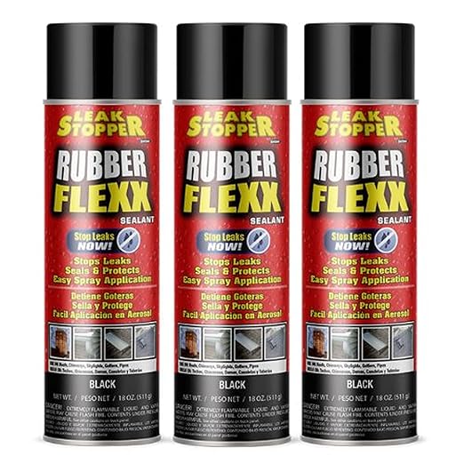 Leak Stopper Rubber Flexx – 18oz Waterproof Repair & Sealant Spray - Point & Spray to Seal Cracks, Holes, Leaks, Corrosion & More | Black – 3 cans