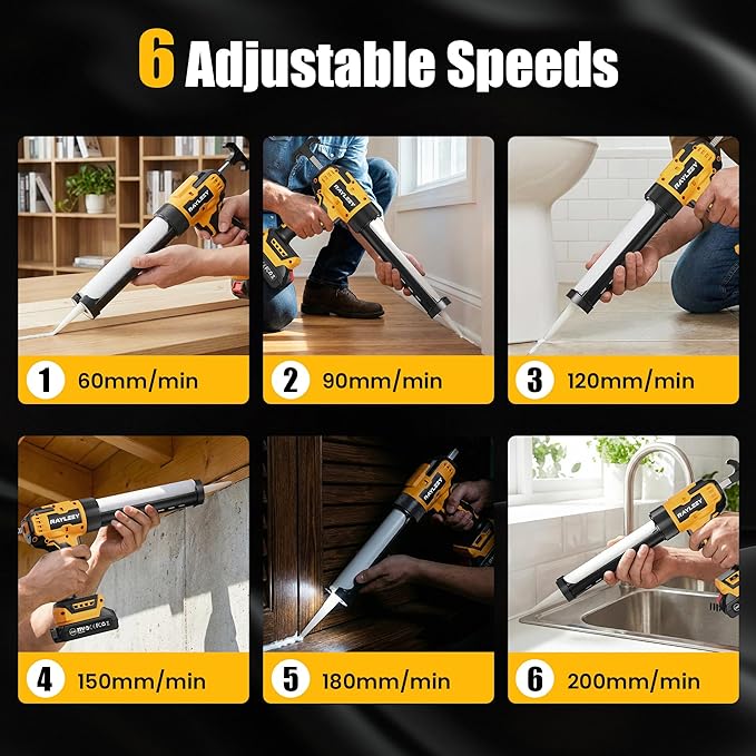 Electric Caulking Gun, Battery Powered Caulk Gun with 2 x 2000mAh Batteries, 9pcs Caulk Remover Tool, 6 Adjustable Speeds, Dripless Auto Retract, LED Light Silicone Gun for Filling, Sealing