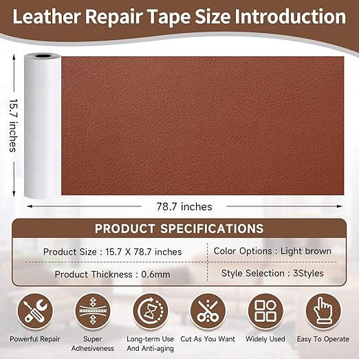 Leather Repair Tape, self-Adhesive Leather Repair Patch, for car seat Repair, Suitable for Sofas, Furniture, Seats, Strong Adhesive Leather Repair Tape (Brown, 15.7 x 78.7in)