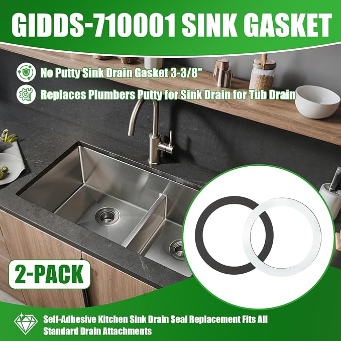 GIDDS-710001 No Putty Sink Drain Gasket 3-3/8", Self-Adhesive Kitchen Sink Drain Seal Replacement Fits All Standard Drain Attachments,Replaces Plumbers Putty for Sink Drain for Tub Drain,2-Pack