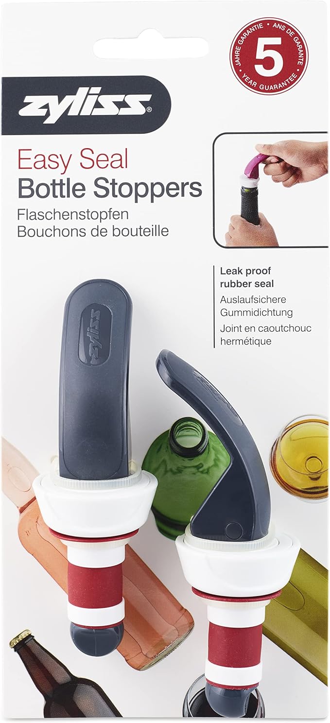 Zyliss Easy Seal Bottle Stoppers – Leak-Proof Wine and Champagne Stoppers with Long Easy-Lock Handle, Comfortable Grip, Airtight Seal, Modern Design in Gray and Red, Durable and Dishwasher Safe
