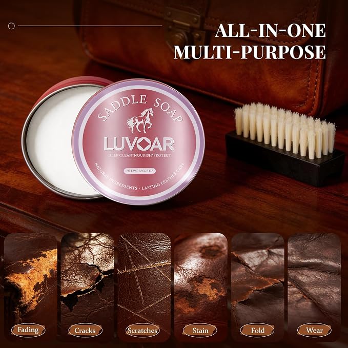 Saddle Soap for Leather 8oz - Premium Leather Cleaner & Conditioner to Clean, Soften, Protect Leather, Ideal for Saddles, Shoes, Couch, Car Seats, Purses & All Leather Products