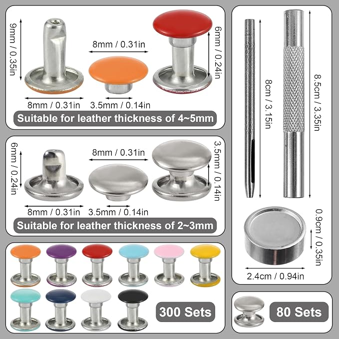 YORANYO 380 Sets 8MM Leather Rivets Kit Studs for Clothing Double Cap Rivets for Clothing Fabric Colorful Rivets with Leather Crafting Rivet Tool for Repair Decorate Clothes Shoes Bags Belt Dog Collar