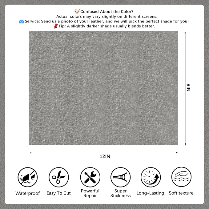 2 Pcs Gray Leather Repair Tape, 8x12 Inch Leather Repair Patch Self-Adhesive, Waterproof Faux Leather Patch, Vinyl Repair Tape for Couch, Sofas, Furniture, Office Chair, Car Seats