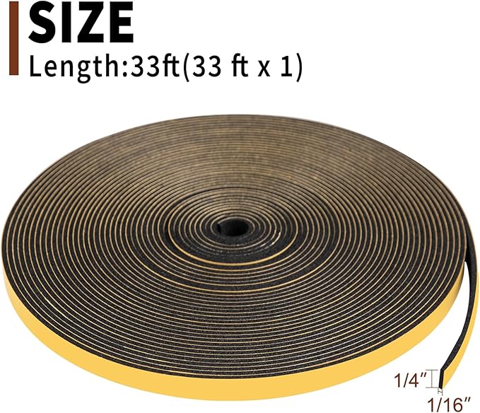 Yotache Weather Stripping (.25) 1/4 Inch Wide X 1/16 Inch Thick, Thin Foam Seal Gasket Tape for Speaker, Window, Dashboard, Sliding Door Jamb, 33 Ft Length
