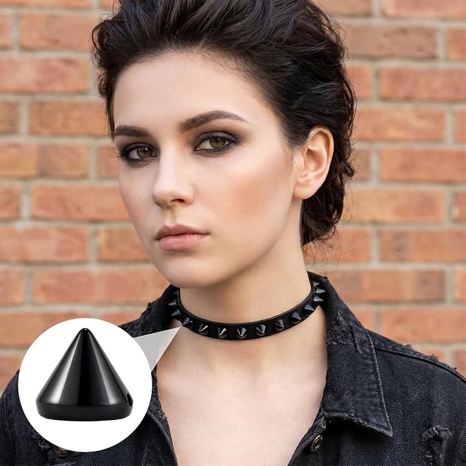 OIIKI 100 PCS 8mm ABS Bullet Spike Cone Studs, Glossy Black | Rivets Cone Spike Studs Beads, Flat Back Punk Spikes DIY Crafts Studs Glue on Decoration for Clothing Leather Belt Bag Trims