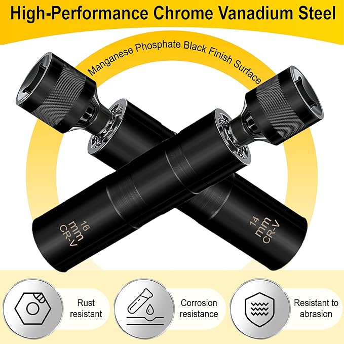 14mm&16mm Spark Plug Socket Set, Thin Wall 3/8" Drive Spark Plug Sockets Removal Tool, 12 Point, Magnetic Swivel 5/8" Spark Plugs Socket for Most Car Models (Black)