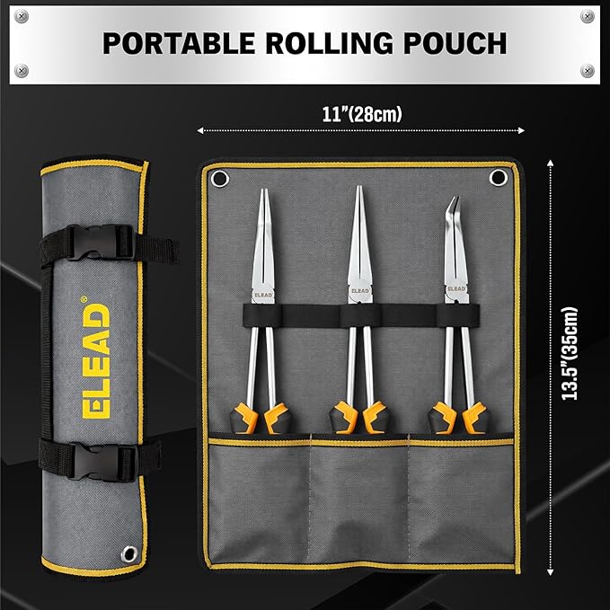 3-Piece 11 Inch Long Reach Pliers Set with 3 Magnetic Plier Racks, Extra Long Needle Nose Pliers Set Includes Straight, 45° & 90° Bent Nose Plier, Pliers Tool Set for Tight Spaces