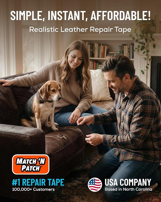 MATCH 'N PATCH Dark Brown Leather Repair Tape, 4.50" x 30' for Furniture | Realistic Faux Leather Patches for Couch, Sofa, Upholstery, Car Seat & Other Furniture, Vinyl Repair Kit, Self Adhesive Patch