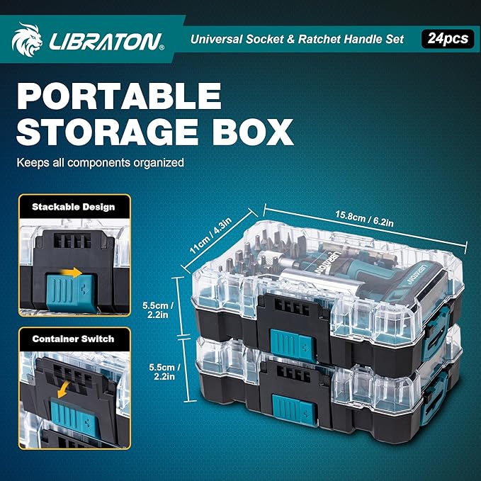 LIBRATON 24PCS Universal Socket & Ratchet T-Handle Screwdriver Set with Multi Bit Set, Magnetic Ratcheting Handle, Socket Adapter, with Storage Case, for DIY, Auto Repair