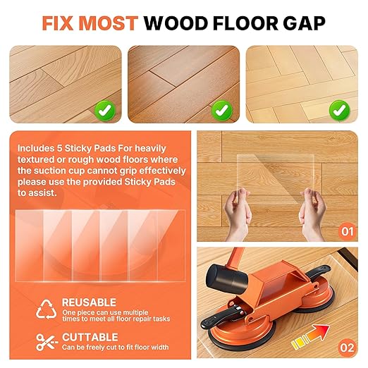 Floor Gap Fixer Tool Heavy Duty 45°Striking Surface Floor Gap Repair Tool Made of Iron & Enhanced Suction Cup with Slot Cutter, Hammer and 5pcs Sticky Pads for Fixer Laminate/Vinyl Flooring Tools