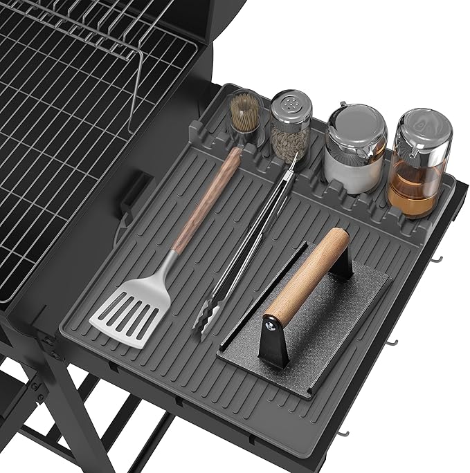 Silicone Grill Mat Compatible with Blackstone, BBQ Griddle Tools Mat with Drip Pad, Large Spatula Holder for Outdoor Kitchen Counter, Gifts for Men （Gray）