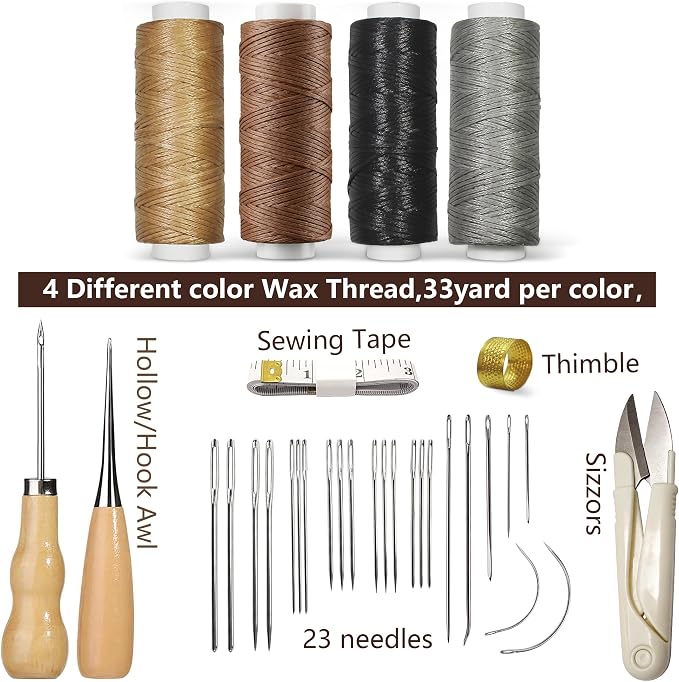 Leather Sewing & Upholstery Repair Kit with 2 Awls, Needles & Waxed Thread | for Stitching and Repairing Car Seats, Sofas, Carpets, Shoes and Bags, ideal for Canvas, Tents and DIY Leather Crafts