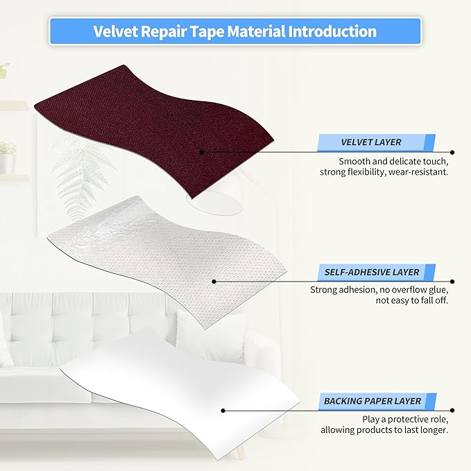KING MOUNTAIN Couch Fabric Repair Patch, Fabric Patches for Furniture, 4" x 63" Waterproof Velvet Repair Tape for Sofas, Car Seats, Furniture, Upholstery Fabrics and Velvet Goods. （Burgundy）