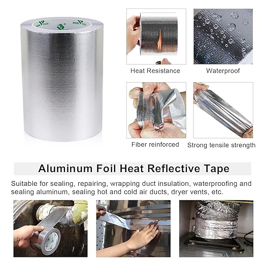 BOMEI PACK Adhesive Aluminum Foil Heat Shield Tape 1Pack 7inch x 66ft Barrier Fiberglass Thermal Insulation Reflective Material High Temp Protectionn