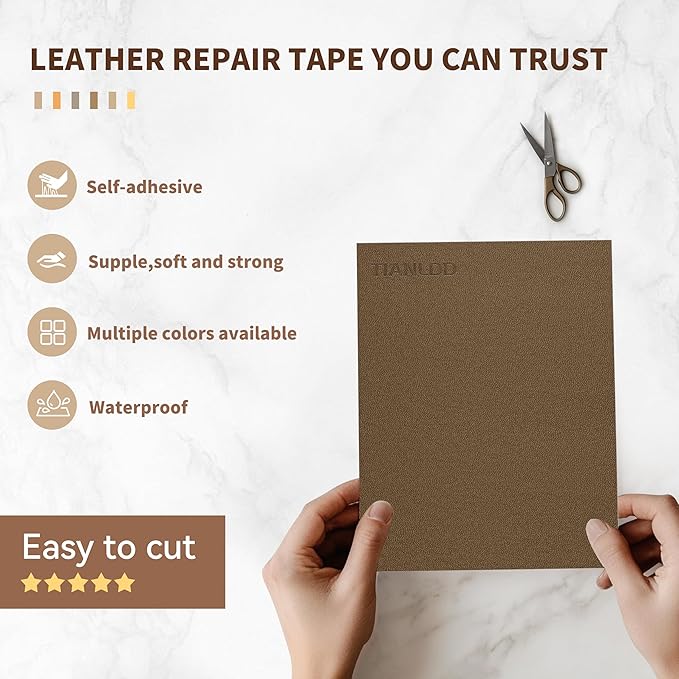 TIANLDD Leather Repair Tape,3.5 x 80 Inches Self Adhesive Leather Repair Patch，Leather Repair Kit for Furniture，Couches,Car Seats,Cabinets,Handbags(Dark Khaki-Fine Lines)