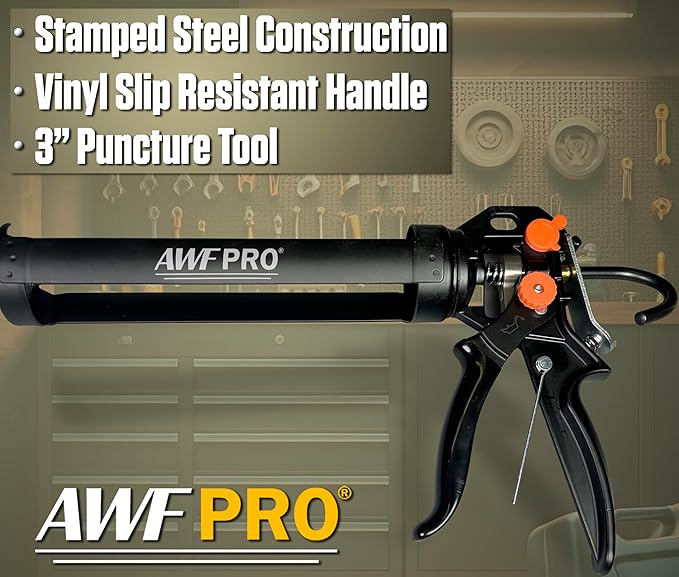 AWF PRO 10 oz Dual Thrust Caulk Gun, 25:1 or 12:1 Thrust Ratio, No Drip, Rotating Barrel, Comfort Grip, with Built-In Puncture Tool, Pack of 6