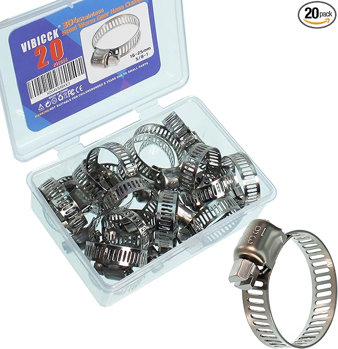 20PCS Hose Clamp Set 5/8-1'' 304 Stainless Steel Worm Gear Hose Clamps for Pipe, Intercooler, Plumbing, Tube and Fuel Line (20pcs 5/8-1/16-25mm)