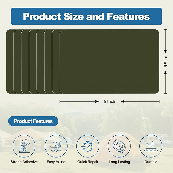 KING MOUNTAIN Self Adhesive Nylon Fabric Repair Patch, 5×8 Inches 8 Pcs, Quick Down Jacket Repair Patch, Waterproof Outdoor Gear Patch Kit for Tent,Backpacks,Umbrella, Gloves(Army Green)