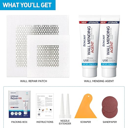 BONCART Spackle Wall Repair Kit, Drywall Repair Patch Kit,Wall Mending Agent Putty,Wall Repair Paste Plaster for Wall Crack/Nail Hole,Wall Repair Patch Kit with Scraper/Sandpaper