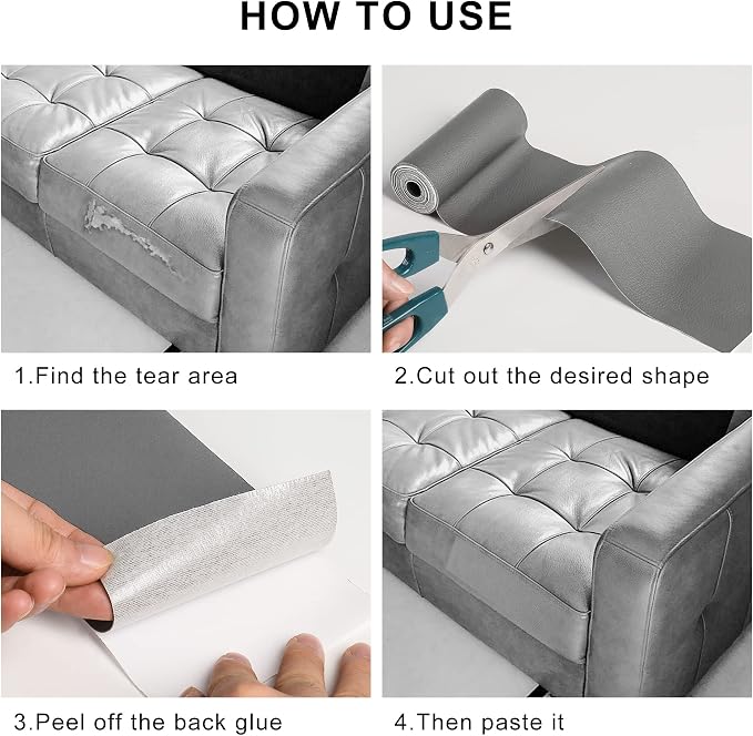 YAFLC Leather Repair Patch for Furniture, 4" x 63" Self Adhesive Leather Repair Kit Vinyl Repair Tape for Car Seat Sofa Jackets Couches Chair Grey