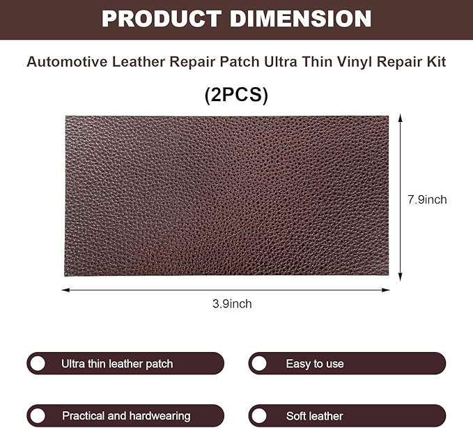 2 PCS Leather Repair Patch Tape, 4 x 8 Inch PU Vinyl Repair Patches for Car Upholstery Seat, Waterproof Self Adhesive Leather Tape Repair Kit for Furniture Couches Chairs (Dark Brown)