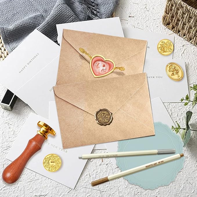 BATHRINS Wax Seal Stamp Kit-23Pcs Sealing Stamp Heads,Wooden Handle,Metal Seal Mold,Silicone Mat,Color Pen for Party Wedding Invitation Cards Envelopes Gift Wrapping Letter