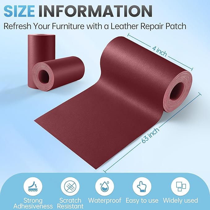 Leather Repair Patch Tape Kit, 4" x 63" Self Adhesive Leather Repair Patch for Furniture, Vinyl Leather Repair Kit for Car Seat, Chairs, Couch, Sofa, Boat Maroon