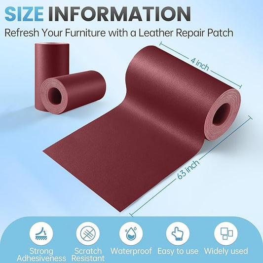 Leather Repair Patch Tape Kit, 4" x 63" Self Adhesive Leather Repair Patch for Furniture, Vinyl Leather Repair Kit for Car Seat, Chairs, Couch, Sofa, Boat Maroon