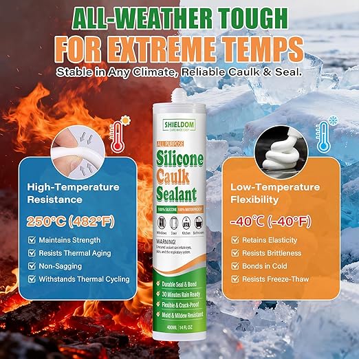 SHIELDOM Silicone Caulk White Silicone Sealant 100% Waterproof All Purpose Caulk & Seal with Caulking Tool Stronger Adhesion Shrink & Crack Proof for Kitchen, Window, Bath, Marine, Door 14oz/400ml