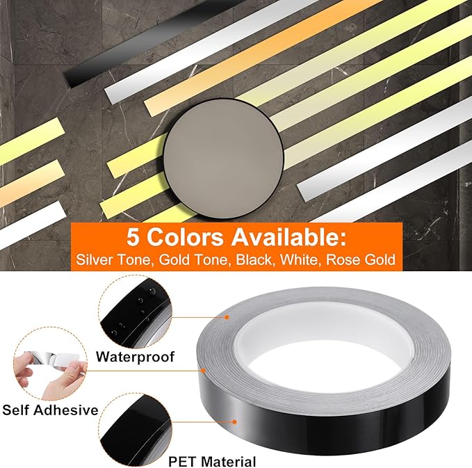 HARFINGTON 2Pcs Floor Tiles Black Foil Lines Metallic Mirror Tape 0.79" x82 Ft Ft Self Adhesive Decor Floor Wall Seam Sticker Waterproof Gap Sealing Tape for Kitchen Bathroom Cabinet