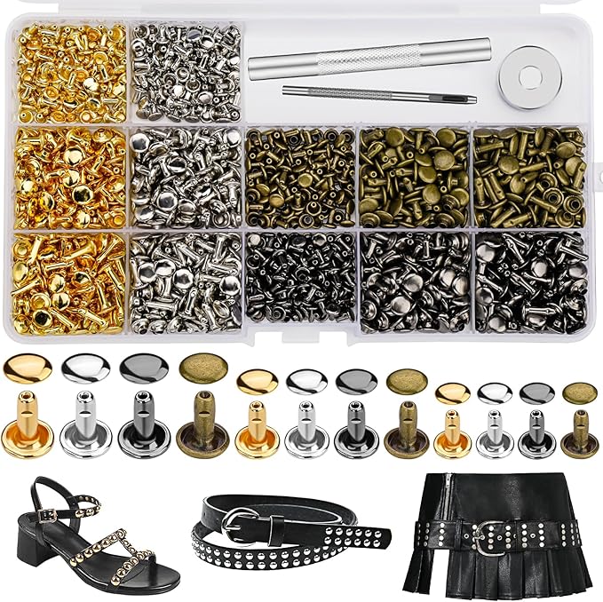 CBHGFEA 540 PCS Leather Rivets, 3 Different Sizes Double Cap Rivets Kit with Leather Rivet Setting Tools, Leathercraft Rivet Kit for DIY and Crafting, Decoration