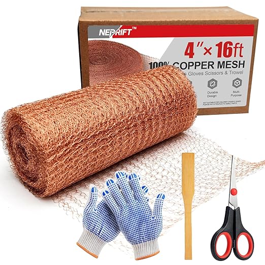 2Pcs 4 Inch×16 ft Copper Mesh Rodent Control Kit, 100% Pure Copper Rustproof Gap Filler & Hole Blocking for Garden, Home Repair, Sealing Pipe Openings with Scissors, Gloves, Trowel