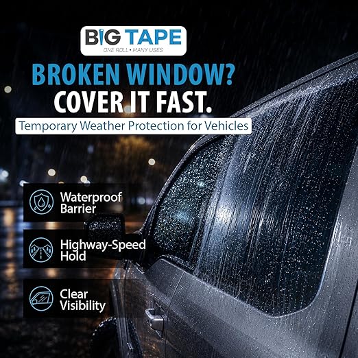 Big Tape Crash Wrap for Car Windows – 12ft XL Temporary Broken Glass Cover Film, 17.5” Wide Waterproof Automotive Plastic Wrap – Highway Safe Emergency Car Window Repair Tape, No Residue